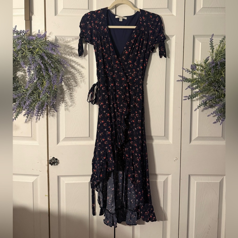 miami Navy Floral Wrap High-Low Dress